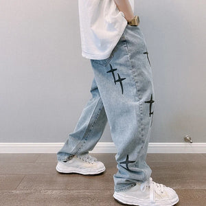 Straight Leg Cross Print Jeans