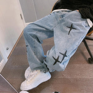 Straight Leg Cross Print Jeans