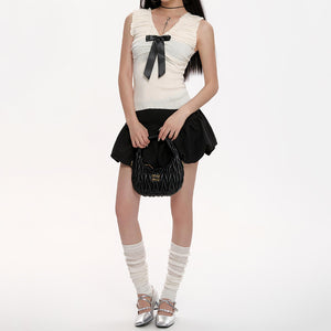 Preppy Ruched Top with Satin Bow