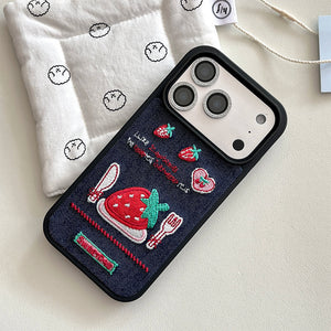 Strawberry Embroidery Denim iPhone Case