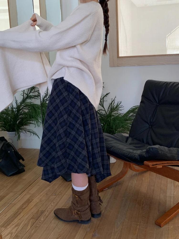 Asymmetric Plaid Midi Skirt