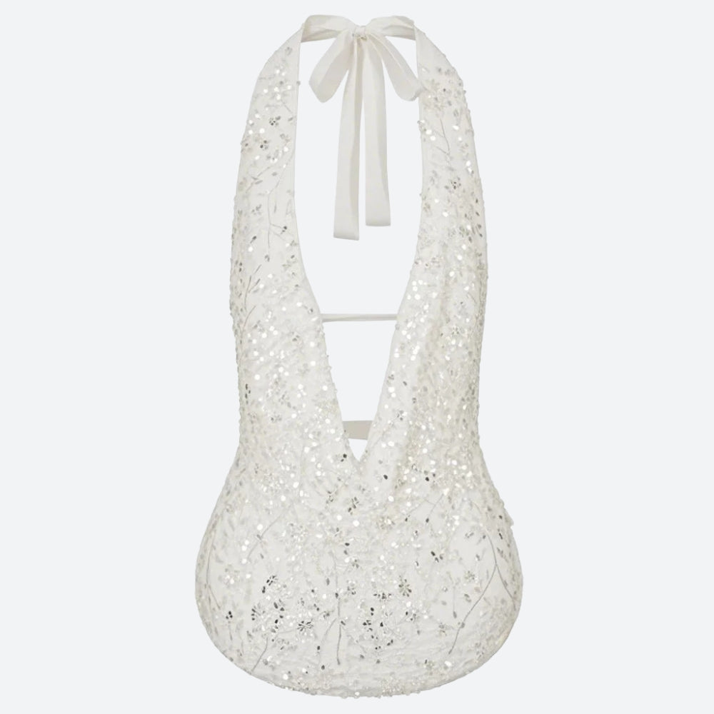 Plunge Neck Sequined Beaded Top