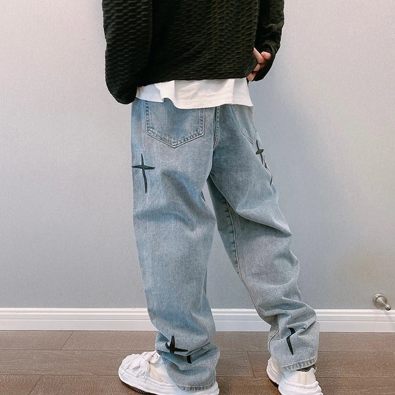 Straight Leg Cross Print Jeans
