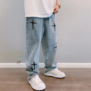 Straight Leg Cross Print Jeans