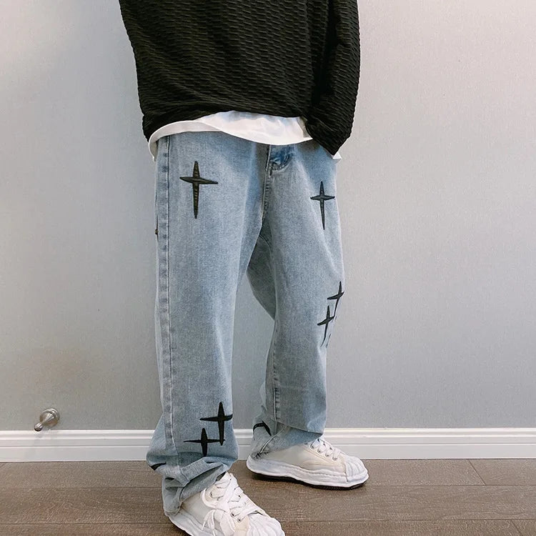 Straight Leg Cross Print Jeans