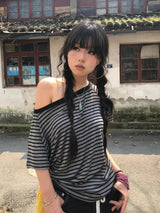 Striped One Shoulder Tee