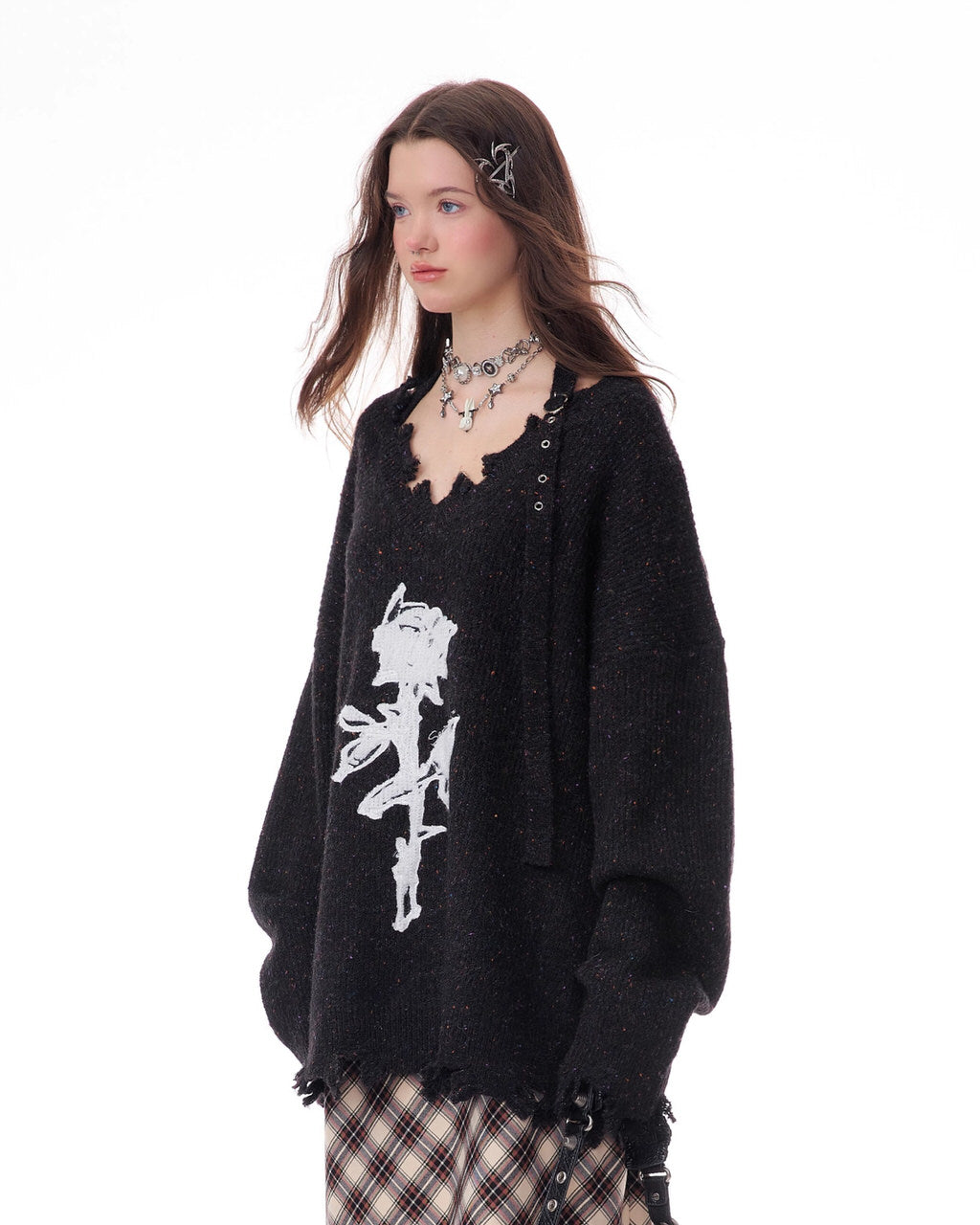 Distressed Rose Print Sweater