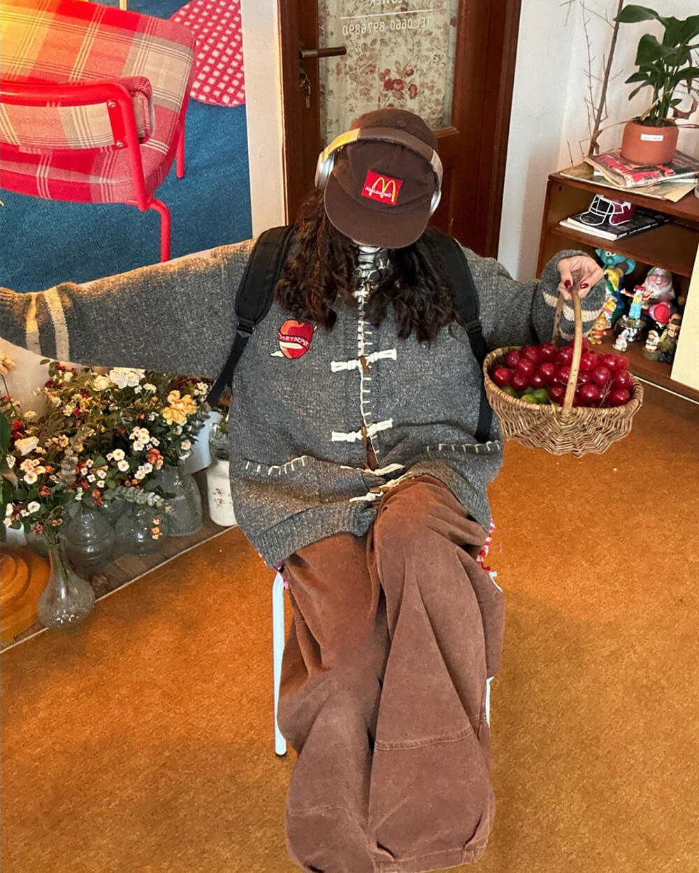 Apple Embroidery Grey Cardigan