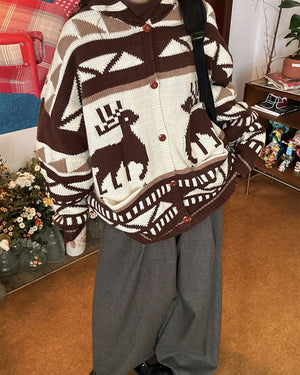 Brown Reindeer Knit Hooded Cardigan