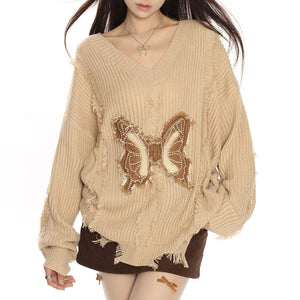 Butterfly Aesthetic Distressed Sweater