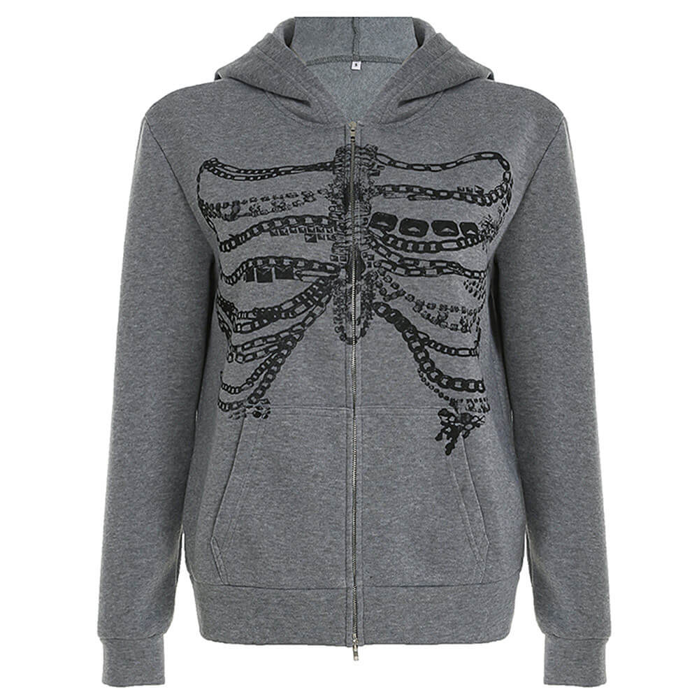 Chain Skeleton Print Grunge Hoodie