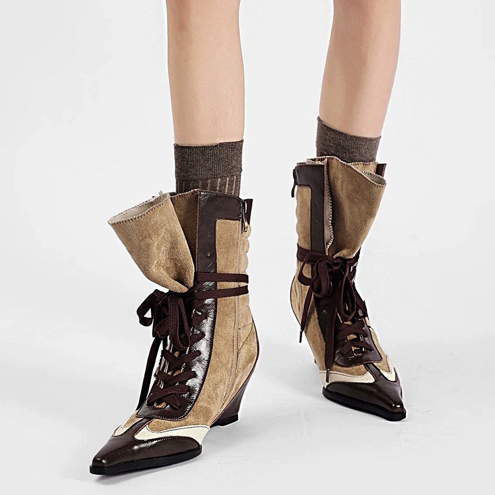 Coffee & Cream Pointed Toe Wedge Boots
