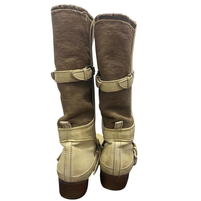 Cream Cowboy Boots with Buckle Straps