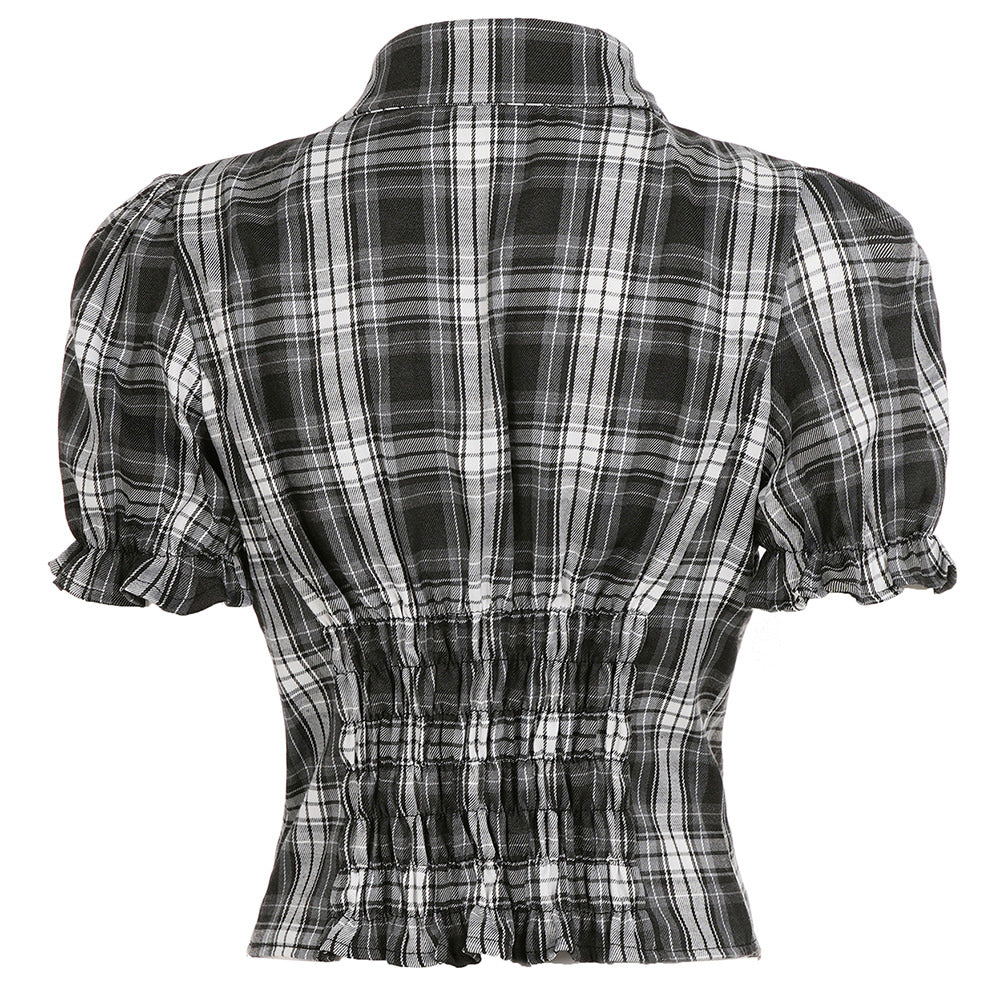 Dark Academia Puff Sleeve Plaid Shirt