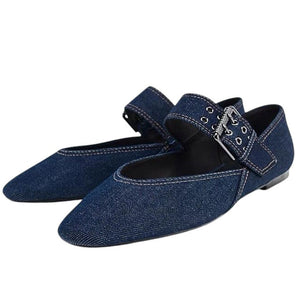 Denim Buckle Strap Mary Jane Flats