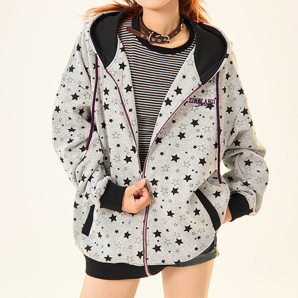 2010’s Grey Star Print Zip Up Hoodie