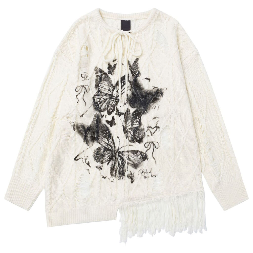 Oversized Ripped Sweater with Butterfly Print