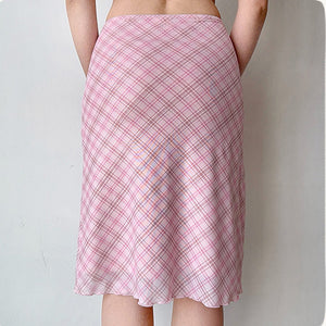 Soft Girl Plaid Mesh Midi Skirt