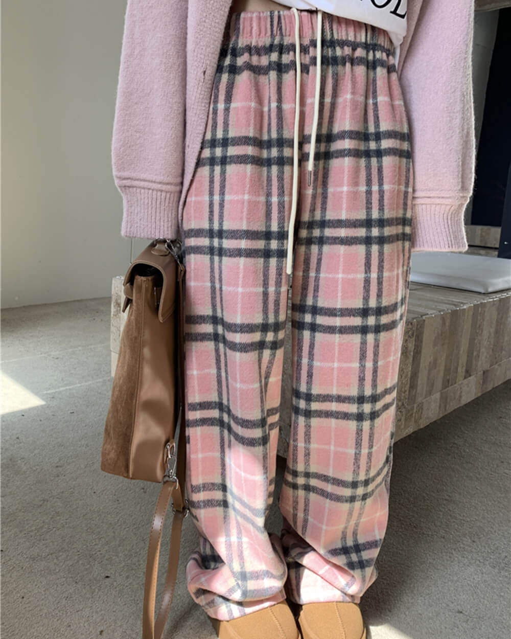 Pink Plaid Wide Leg Pants