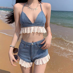 Sweet Ruffle Top & Denim Shorts Co-Ord