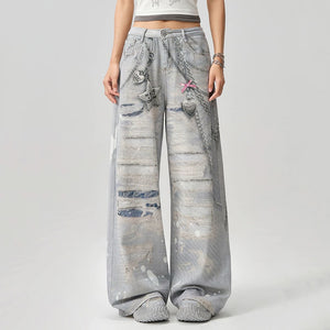Washed Grey Y2K Chain Print Jeans