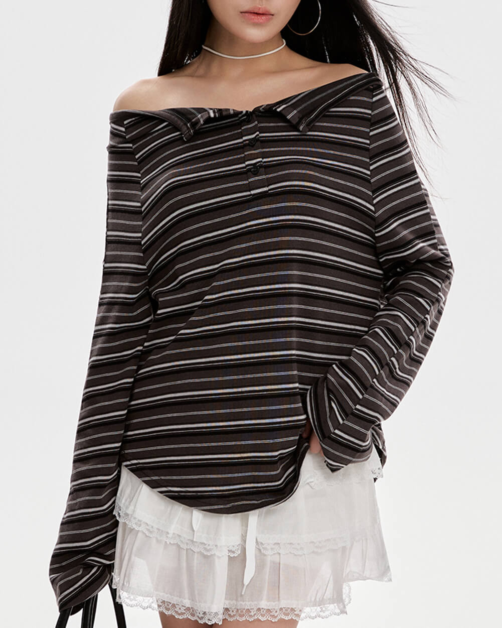 Y2K Off-Shoulder Henley Longsleeve