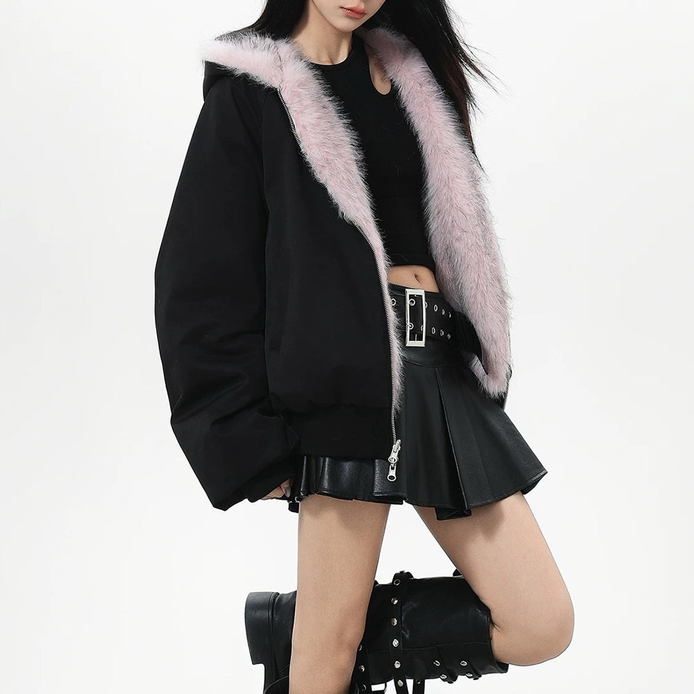 Y2K Fur-Lined Zip-Up Jacket